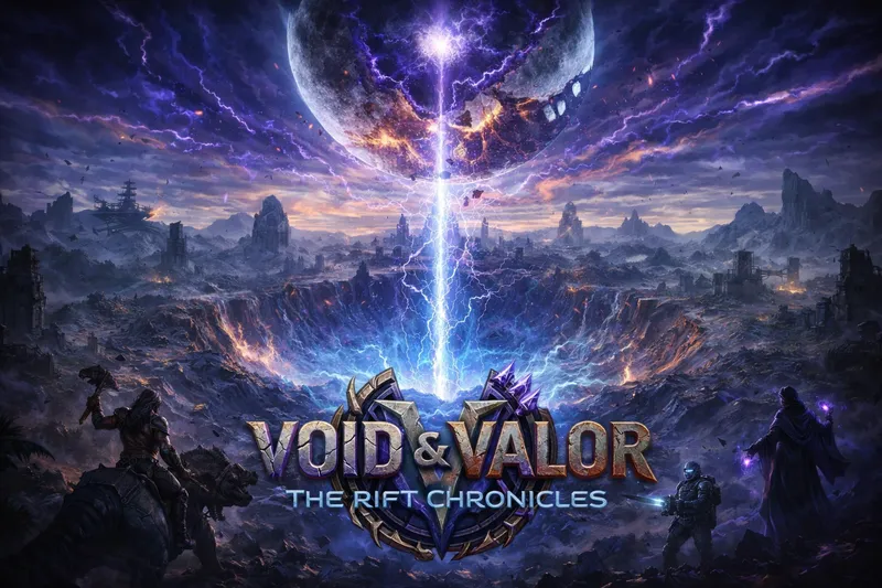 Void & Valor key art: a beam of light falls from a shattered moon into a vast crater, with warriors of three factions gathered at its rim.